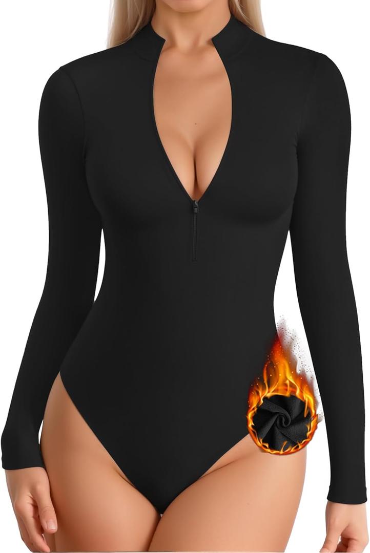 MANGOPOP Long Sleeve Body Suit Mock Turtle Neck Zip Up Bodysuit for Women Ribbed Deep V Sexy Bodysuit Shirts (Large, D-fleece Lined Black)