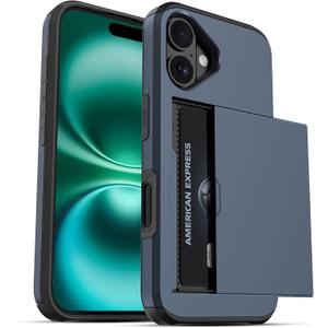 Jiunai for iPhone 16 Case Card Holder Wallet for 2 Cards Slide Cover Hidden Pocket IDs Credit Cards License Protective Dual Layer Slim Wallet Phone Cover Case for iPhone 16 6.1 Men Women - Navy