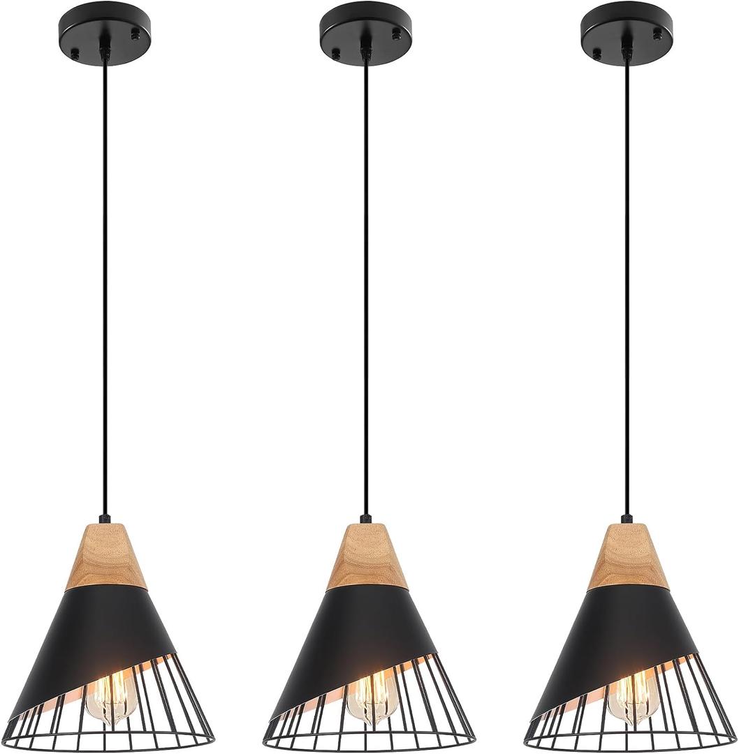 Black Pendant Light, 3 Packs 9.4inch Farmhouse Pendant Light, Kitchen Pendant Lights, Black Pendant Lights Kitchen Island for Living Room, Bar, Bedroom, Office