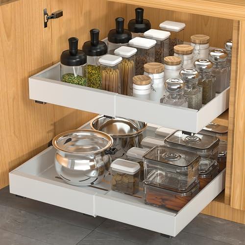 DEKAVA 2 Pack Pull Out Cabinet Organizer Expandable, Adhesive with Nano Film, Pull Out Drawers for Cabinets in Kitchen, Pantry or Bathroom (White, 21" DEEPX[12"-20''] Width-2PACK)