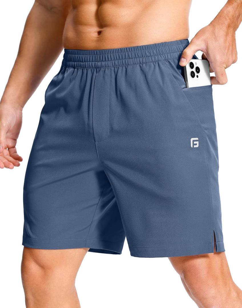 GGJ Men's Lightweight Athletic Shorts with 2 Zipper Pockets 7"/5"/9" Gym Workout Running Quick Dry Tennis Shorts for Men (Medium, Blue)