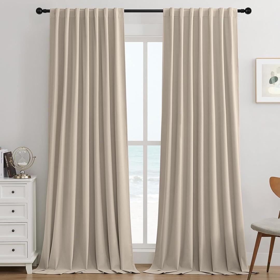 Joydeco Light Beige 100% Blackout Curtains 96 Inch 2 Panels, Luxury Thermal Light Beige Velvet Curtains for Bedroom Living Room, Soundproof Blackout Window Drapes, Rod Pocket & Back Tab (52W x 96L)