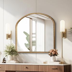 Arched Antique Gold Bathroom Mirror Baroque Metal Beaded Frame Wall Mirrors Decorative Wall Mirrors for Vanity Bedroom Entryway (35"L x 28"W)