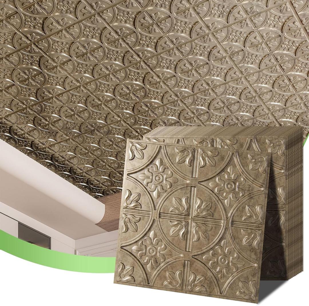 Art3d Drop Ceiling Tiles 2x2, Glue-up Ceiling Panel, Fancy Classic Style, Antique Gold, 12