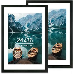 Hongkee 26x38 Poster Frame Set of 2, Rustic Black Wood Style - Display 24 x 36 Poster without Mat or 20x30 Picture with Mat, Wall Mounting Horizontal and Vertical
