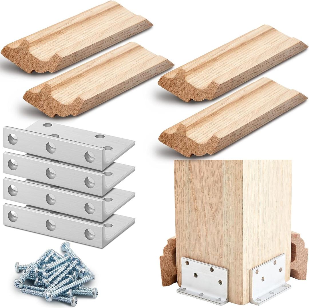Blulu 1 Set 3" Newel Post Mounting Kit 4 Pcs L Bracket Metal Post Anchor with 4 Pcs Red Oak Wood Trim Deck Base Fasteners for Fastening Handrails Balustrades to Stairs and Floors
