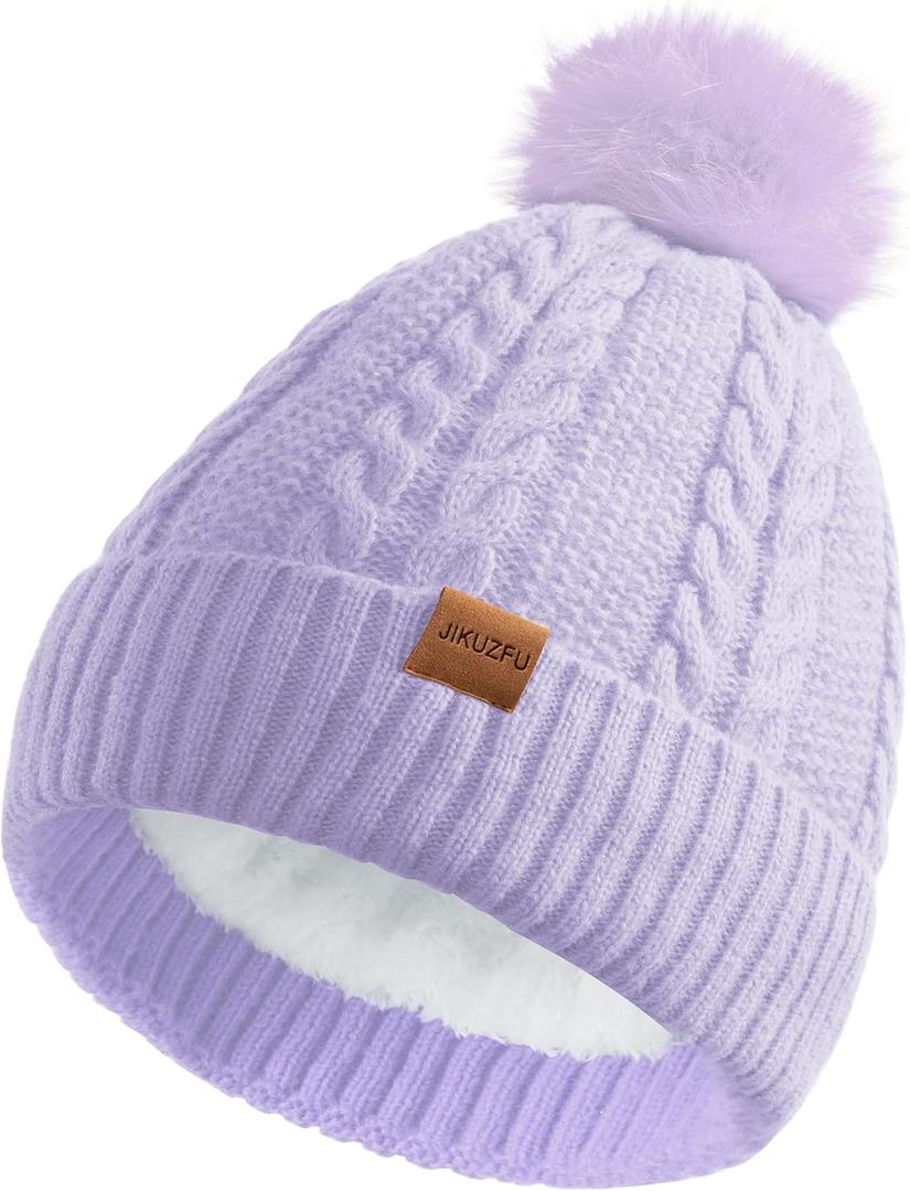 Women's Winter Fleece Beanie Hat, Warm Soft Wool Lined Knit Cross Cap with Pom Pom Snow (Light Purple)