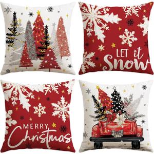 Artscope Christmas Throw Pillow Covers 18x18 Inch Set of 4, Let It Snow Snowflakes Truck Winter Christmas Decoration Pillow Cases for Home Sofa Couch Decor-Red