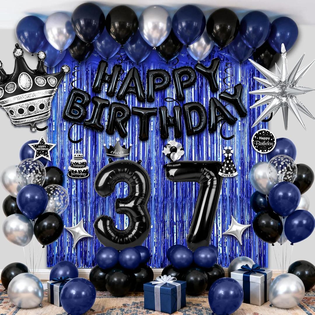 37th Birthday Decorations for Men, Black Blue Happy 37th Birthday Balloons with Foil Number 37, Happy Birthday Banner, Fringe Curtains, Foil Balloons Party Supplies