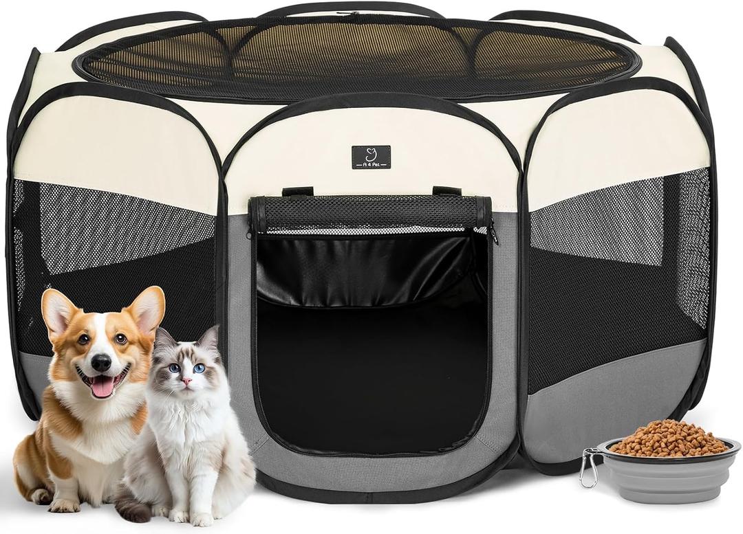 Dog Playpen for Small Dogs & Puppies, 40.55" Portable Indoor Outdoor Puppy Playpen with Bowl, Waterproof Floor, Foldable Pop-Up Pet Pen for Home, Travel & Daily Use, Grey+Beige