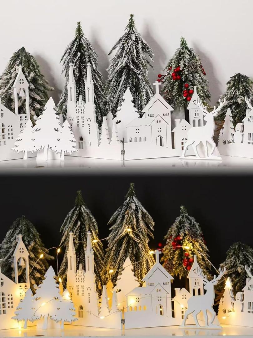 32 Inch Christmas Tabletop Decoration Wooden Christmas Themed White Church Xmas Tree and Elk Signs Farmhouse Centerpiece Decor for Home Kitchen Table Shelf Decor