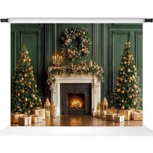 Kate Christmas Backdrops Green Interior Wall Fireplace Xmas Trees Backdrop Party Supplies Props, 7x5ft