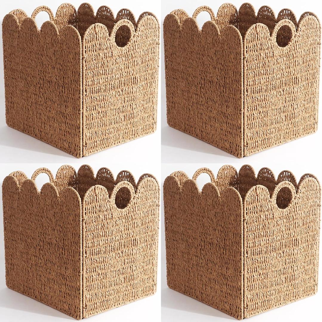 Scalloped Wicker Storage Cubes Basket, 12x12 Heavy Duty Paper rope/Hyacinth/Seagrass Baskets for Shelves, Foldable Natural Boho Square Bins (Renewable Paper Rope, 4PC) (4PCS)