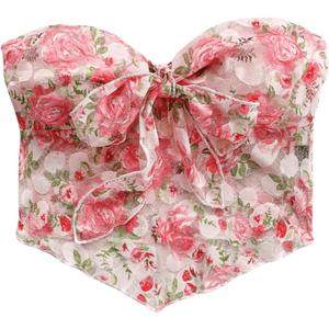 GORGLITTER Women's Floral Bow Strapless Tube Top Mesh Tie Front Bandeau Top Coquette Crop Top Going Out Tops Pink Multicolor X-Small (Pink, XS)