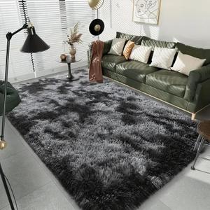 Area Rugs for Living Room Bedroom, 4X6 Ft Shag Fluffy Rug Black Grey Carpet Machine Washable Indoor Carpet for Kids Bedside Living RoomNursery Room Decor Tie-Dyed Dark Grey