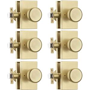 Gold Door Knob with Push Lock for Privacy, Satin Brass Bedroom & Bathroom Door Knob, 6 Pack Easy Install for Interior