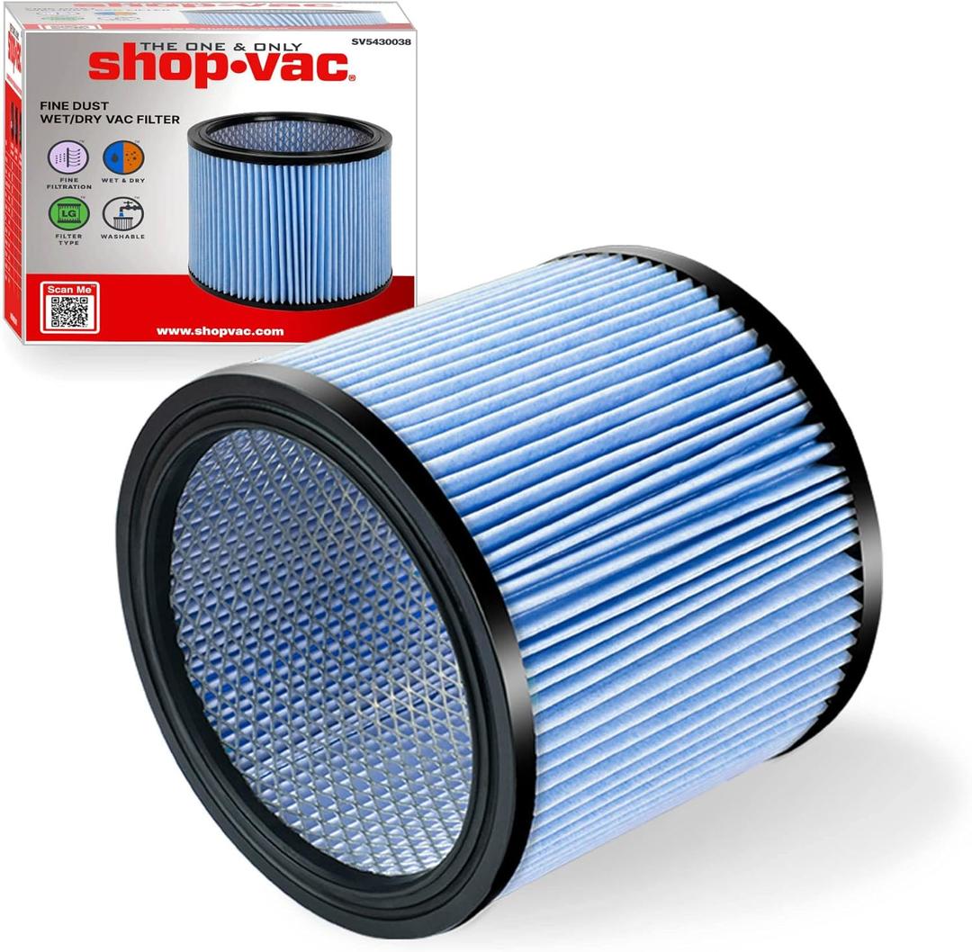 Shop-Vac High Performance 90304/90344 Cartridge Filter, Fits most 4-16 Gallon Shop-Vac Wet/Dry Vacuums, High Efficiency Filtration Paper, Washable and Reusable, 1 Pack