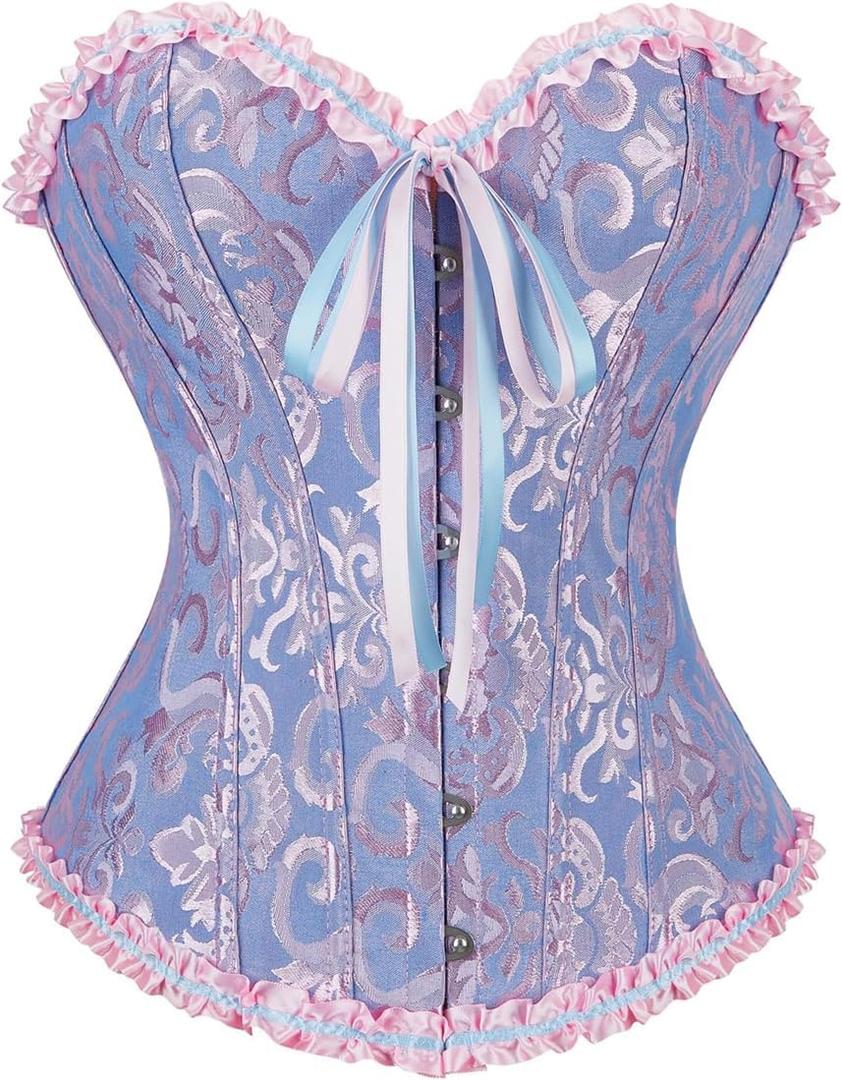 Women's Lace Up Corset Boned Floral Overbust Lingerie Bustier Bodyshaper Top  (4X-Large, Blue)