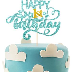 2 x Sky Blue Glitter Happy 1st Birthday Cake Topper, One Year Old Birthday Party Cake Decor, Gold Number 1 Birthday Party Supplies Decorations for Baby Girl or Baby Boy