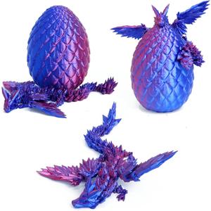 3D Printed Flying Dragon in Egg - Easter Egg with 9" Flexible Winged Dragon Inside, Colorful Fidget Toy, Birthday Gift, Desk Pet Figure (Red Blue)