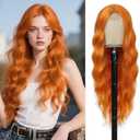 Angzon Orange Wig 26 Inch Long Wavy Wig for Women - Heat Resistant Synthetic Hair Middle Part Curly Wig Natural Look for Daily Party Cosplay Costume Use