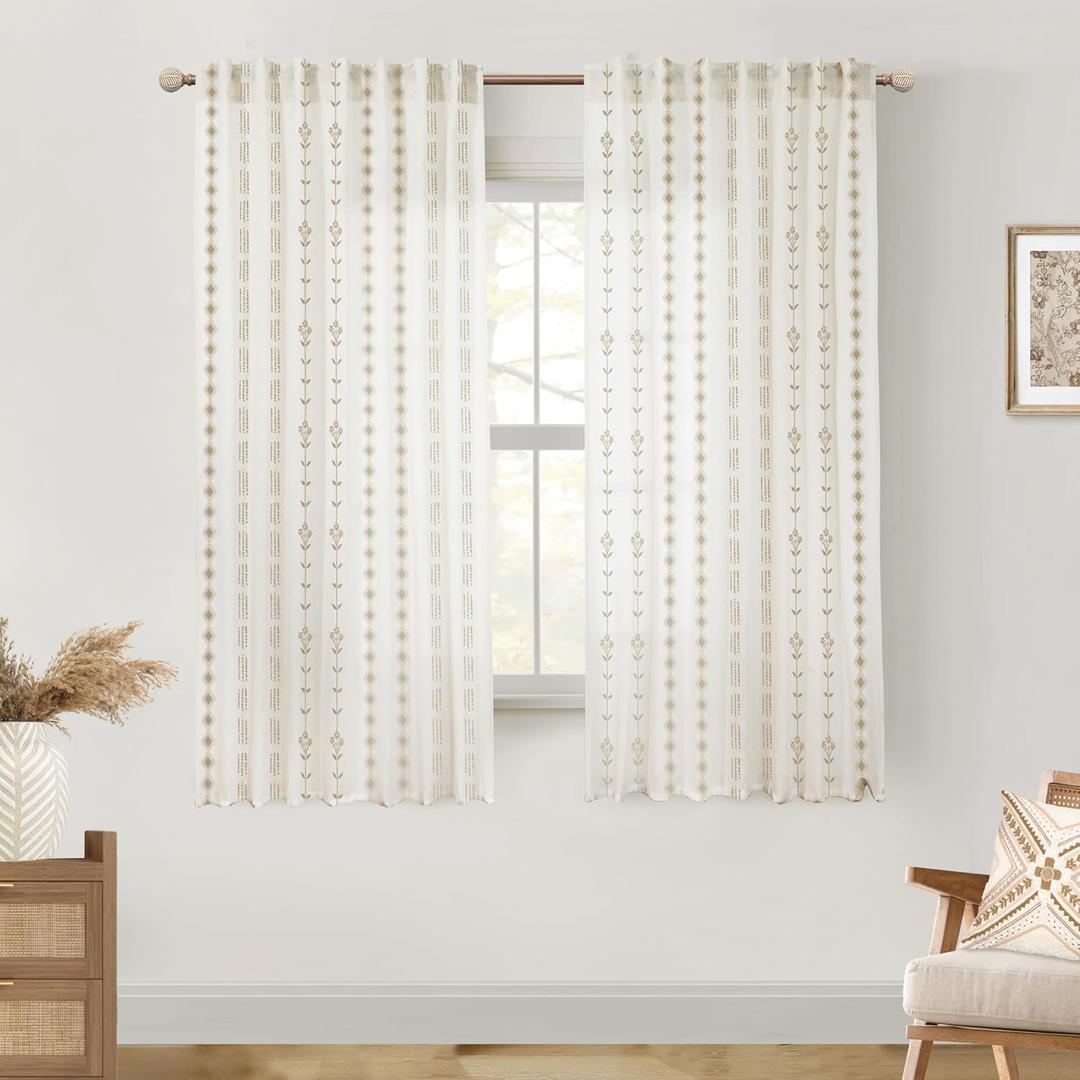 Brown Semi Sheer Curtains 63 Inch Length,Boho Floral Linen Mocha Curtains for Living Room (50"W x 63"L (Pack of 2))