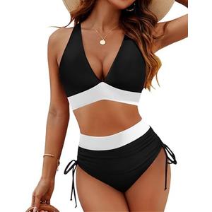 Blooming Jelly Women High Waisted Bikini Sets Tummy Control Swimsuits Color Block Two Piece Drawstring Bathing Suit. L