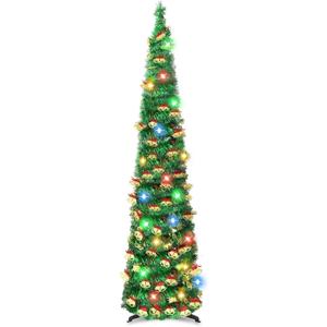 5 FT Pencil Christmas Tree with 90 Colorful Lights, Collapsible Artificial Sequin Pop Up Christmas Tree, Skinny Pencil Tinsel Christmas Trees, Xmas Tree for Home Apartment Basement Fireplace