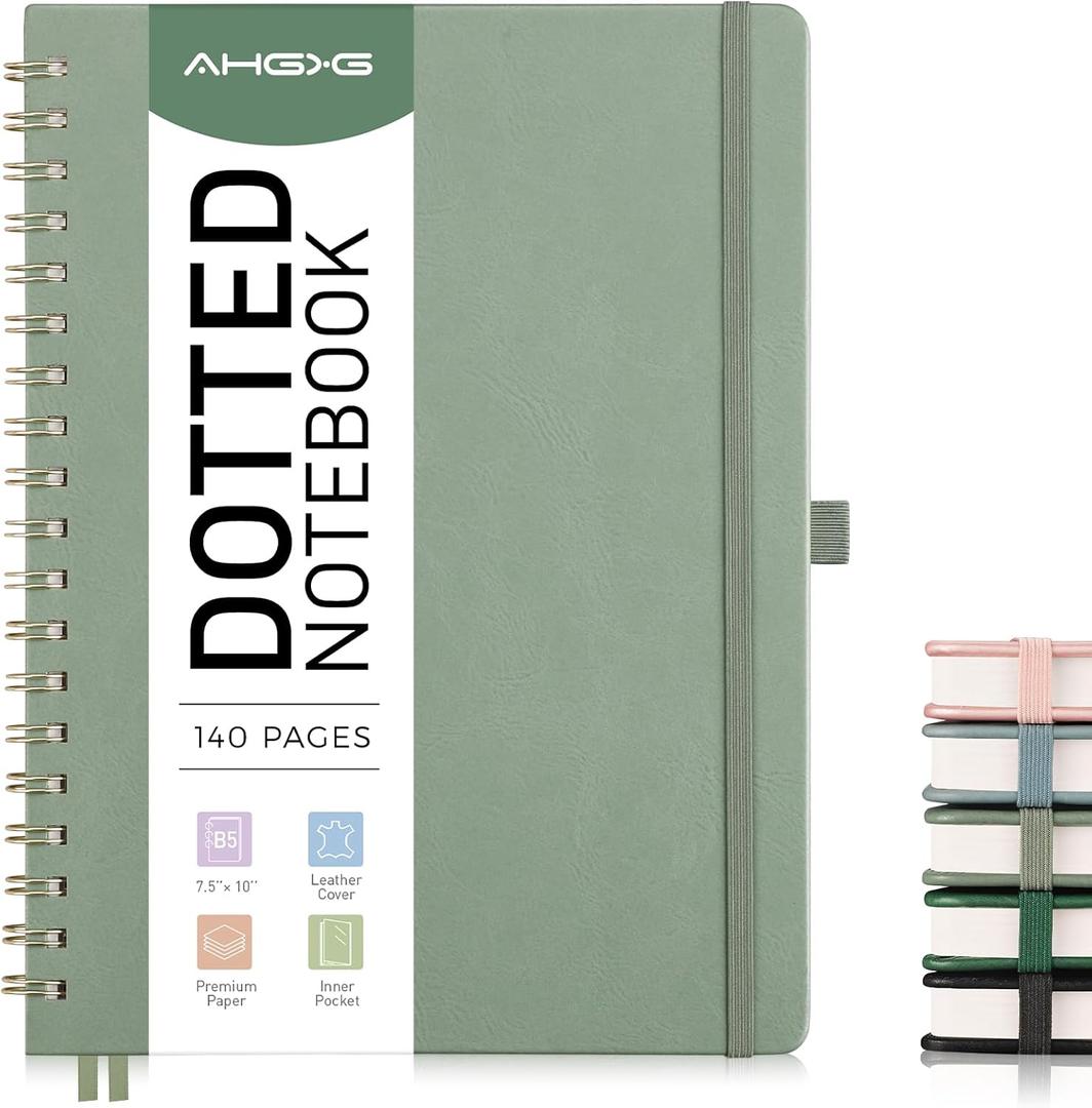 AHGXG HGXG Dotted Journal Spiral Notebook, Large B5 Dotted Notebook 140 Pages, Leather Hardcover, 100 GSM Thick Dot Grid Paper, Inner Pocket, for Dotted Journaling, 7.6" x 10", Sage Green