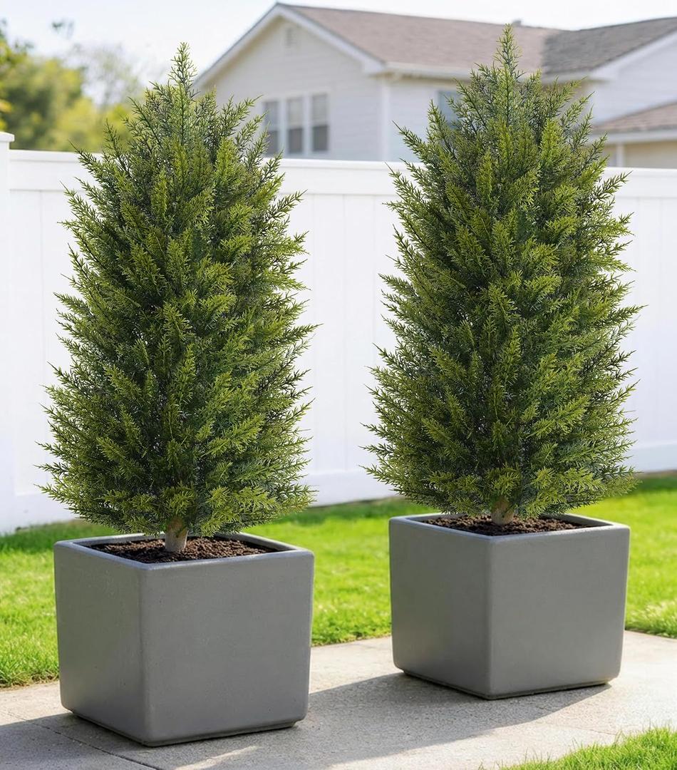 3ft UV-Resistant Artificial Cedar Topiary Tree Faux Cypress Outdoor Fake Pine Plant Shrubs Bushes for Home Garden Porch Entryway, Set of 2
