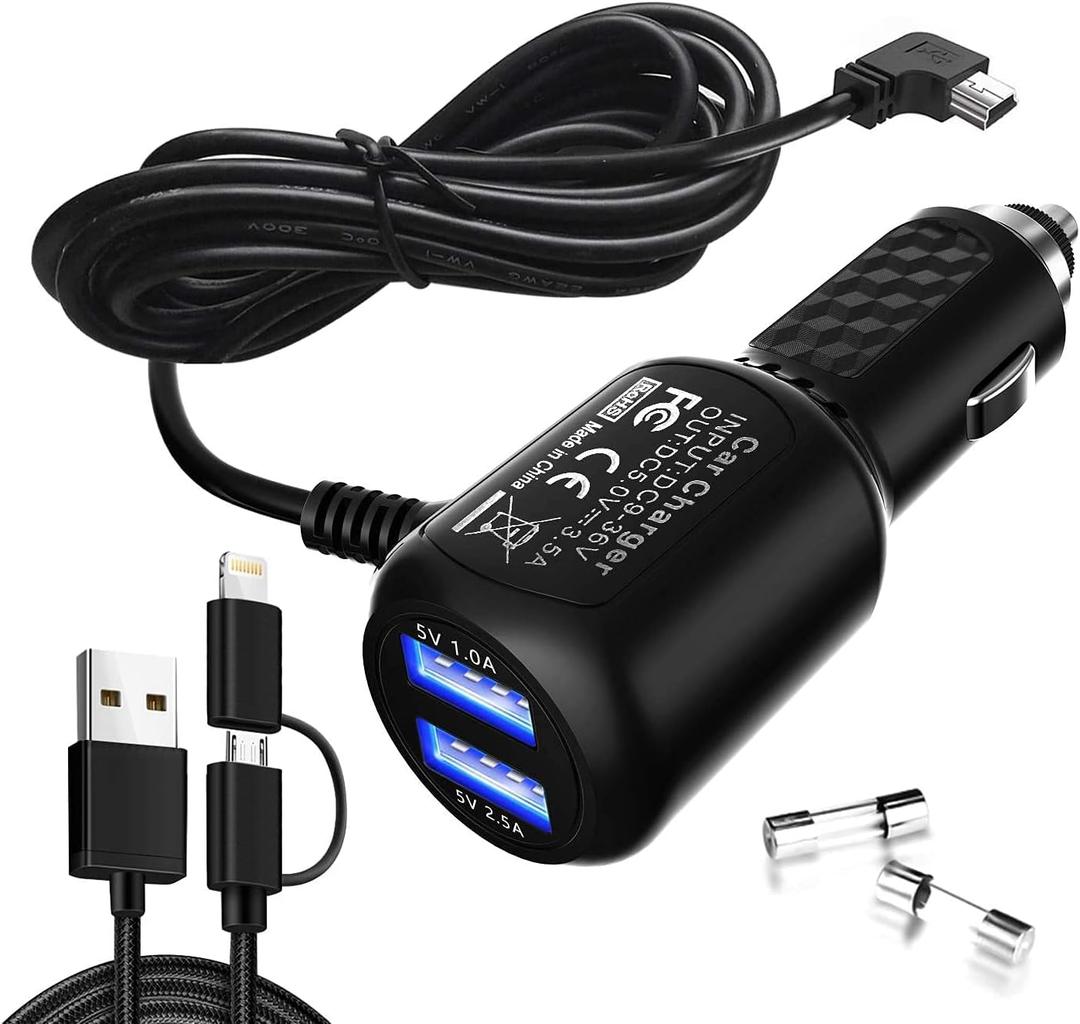 Car Charger for Gar'min Nuvi, Gar'min GPS Charger Cable,Mini USB Power Cord Cable Dual Port USB Vehicle Power Charging Cable Cord for Garmi Nuvi C255 Dashcam