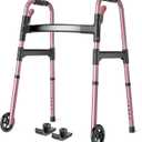 Folding Walkers for Seniors with Wheels, Lightweight Rolling Walker, Height Adjustable Standard Walker with Aluminum Frame, Rose Red