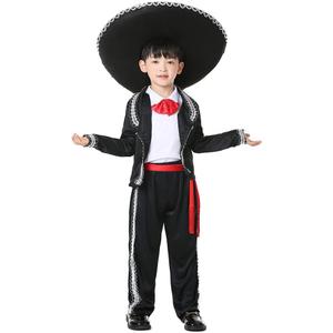 Boy Mexican Costume Kids Traditional Mariachi Amigo Dance Cosplay Costumes Halloween Outfit Bowtie Belt Suit Outfit (Large, Black)