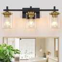 3-Lights Black and Gold Bathroom Light Fixtures Over Mirror, Modern Brushed Gold Vanity Lights for Bathroom, Sconces Wall Lighting with Square Glass Shade for Mirror Bedroom Hallway