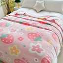 Strawberry Floral Print Flannel Blanket, Soft Lightweight All-Season Throw Blanket for Bed, Sofa, Travel and Home Decor, Machine Washable