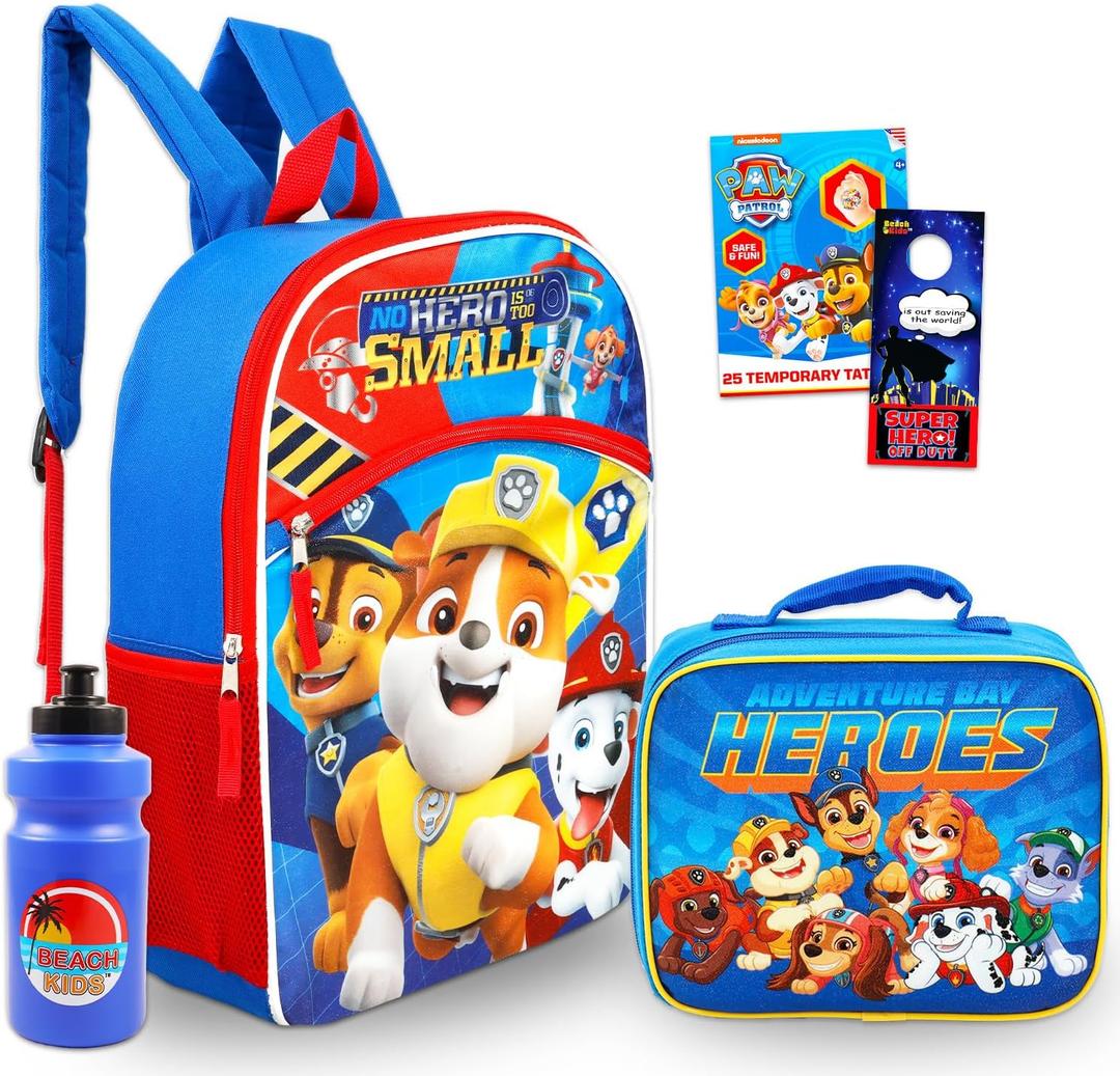 Paw Patrol Backpack and Lunch Box Set - Bundle with 16" School Backpack, Lunch Bag, Tattoos, Water Bottle, More | Paw Patrol School Bag for Kids, Boys, Girls