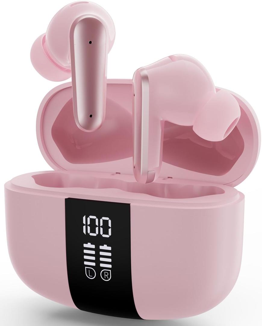 Studio-Quality Wireless Ear Buds with Deep Bass & Enhanced Audio Clarity, Bluetooth 5.4, 10-Year Lifespan Earbuds, ENC Noise Cancelling Calls, Secure Fit Memory Foam Tips, IPX6 Waterproof (Pink)