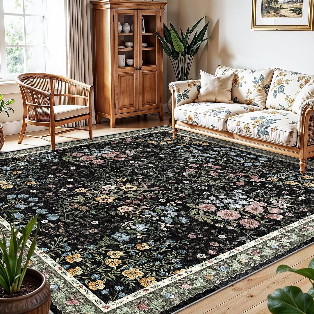 8x8 Square Area Rug Living Room, Non-Slip Floral Washable 8ft Square Rug Low Pile Thin Indoor Carpets for Dining Room Bedroom Office High Traffic Area Boho Vintage Home Decor (8ft Square, Black)
