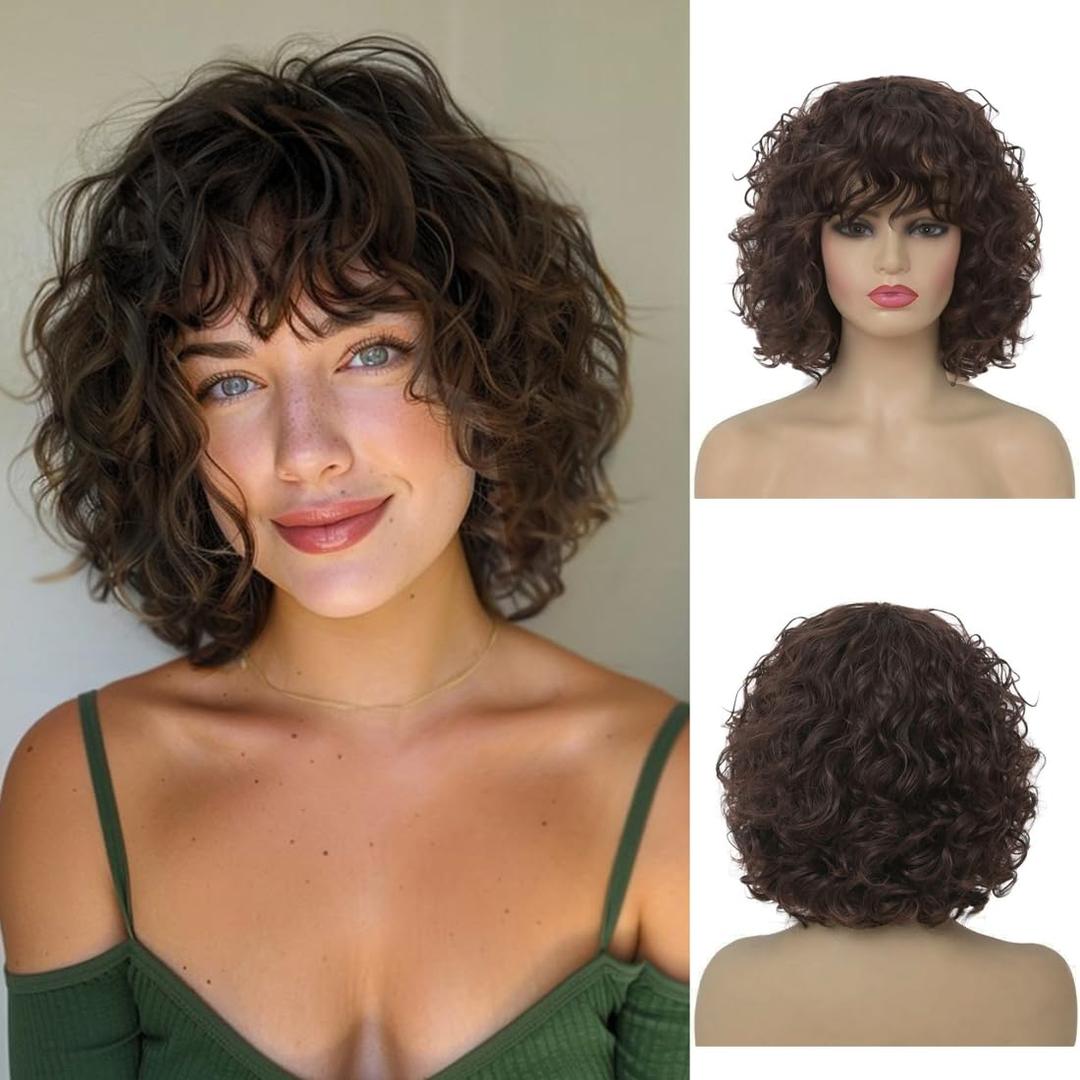 Baruisi Short Curly Wavy Brown Wig with Bangs Synthetic Natural Women Bob Wig Halloween Cosplay Party Hair Wig