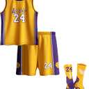 Kids Basketball Jerseys #24 Mesh Sleeveless Tank Top Shorts Socks for Boys Girls 3PC Athletic Training Uniforms (Gold) 140