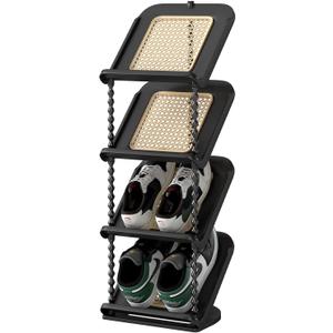 Retro Rattan Vertical Shoe Rack, Free Standing Shoe Storage Cabinet, Small Shoe Rack, Storage Rack, Suitable for Small Spaces and Narrow Spaces (Black, 4-Tier)