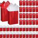 Colarr 50 Pcs 8.2 x 5.9'' Glitter Kraft Paper Favor Bag with 100 Tissue Wrapping Paper Bulk, Xmas Wrap Bags Gift with Handle for Christmas Wedding Bridal Baby Shower Birthday(Red)