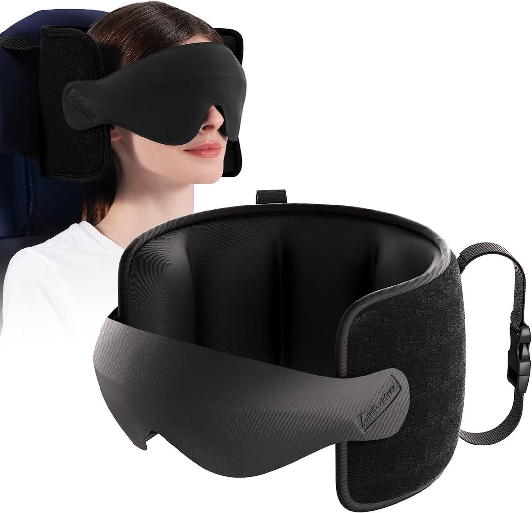 Travel Pillow for Airplane, Travel Pillow with Seat Strap and 3D Eye Mask to Firm Head, 360Support Headrest No Bobblehead, Travel Essentials for Long Flight,Car Road Trip,Black