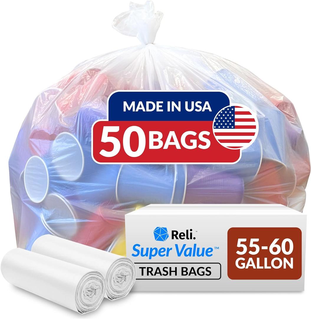 Reli. SuperValue 55-60 Gallon Trash Bags | 50 Count | Made in USA | Heavy Duty | Clear Multi-Use Garbage Bags