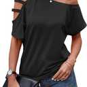 LilyCoco Women's Off The Shoulder Top Short Sleeve Cutout Asymmetrical Neck T Shirt (X-Large, Black)