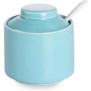 ONTUBE Ceramic Sugar Bowl with Lid and Spoon,Porcelain Seasoning Box Salt Bowl,8oz Turquoise Blue
