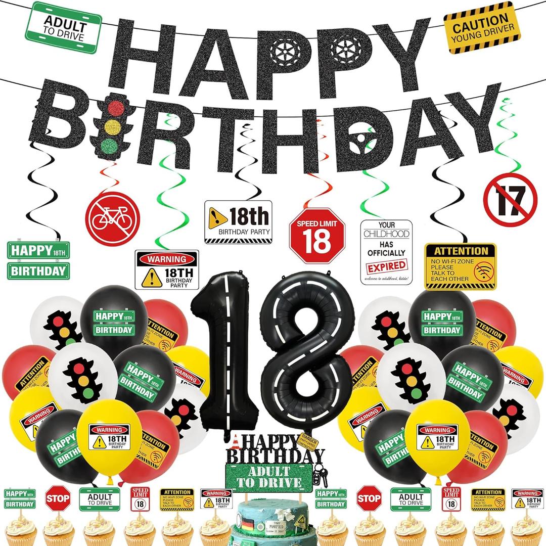 18th Birthday Decorations Boys Kit - 49 Pcs New Driver Banner Balloons Swirls Drivers License Caution Traffic Signs Cake Cupcake Decor For Boys Girls 18 Year Old Party Supplies