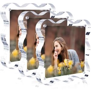 HAISEN. 3 Pack Clear Magnetic Picture Frames,55 inch Acrylic Picture Frames,10+10mm Thick Block, Double Sided Clear Scalloped Frames for Desktop Display (3 Pack, 5X5)