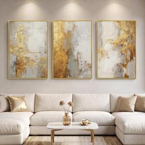 Large Framed Gold Abstract Wall Art for Living Room, 3 Piece Canvas Prints, 24" W x 36" H x 3Pcs