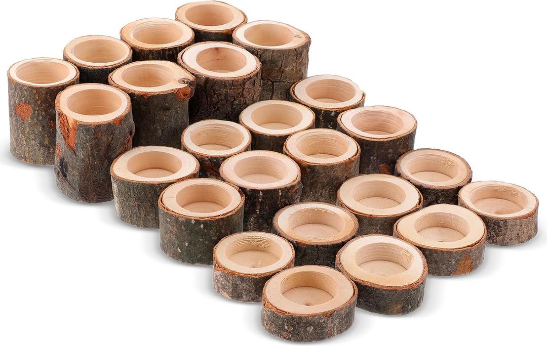 24PCS Wooden Tealight Candle Holder Set, Rustic Wood Tealight Holder with Natural Bark for Wedding Party Home Decor, 3 Sizes (1.6"/ 4cm Inner Diameter)